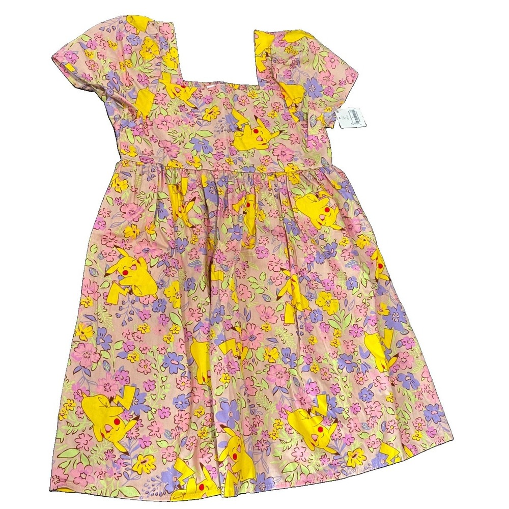 Pokémon Pikachu Girls L 10 12 Pink Floral Print Sun Dress Ruched Back